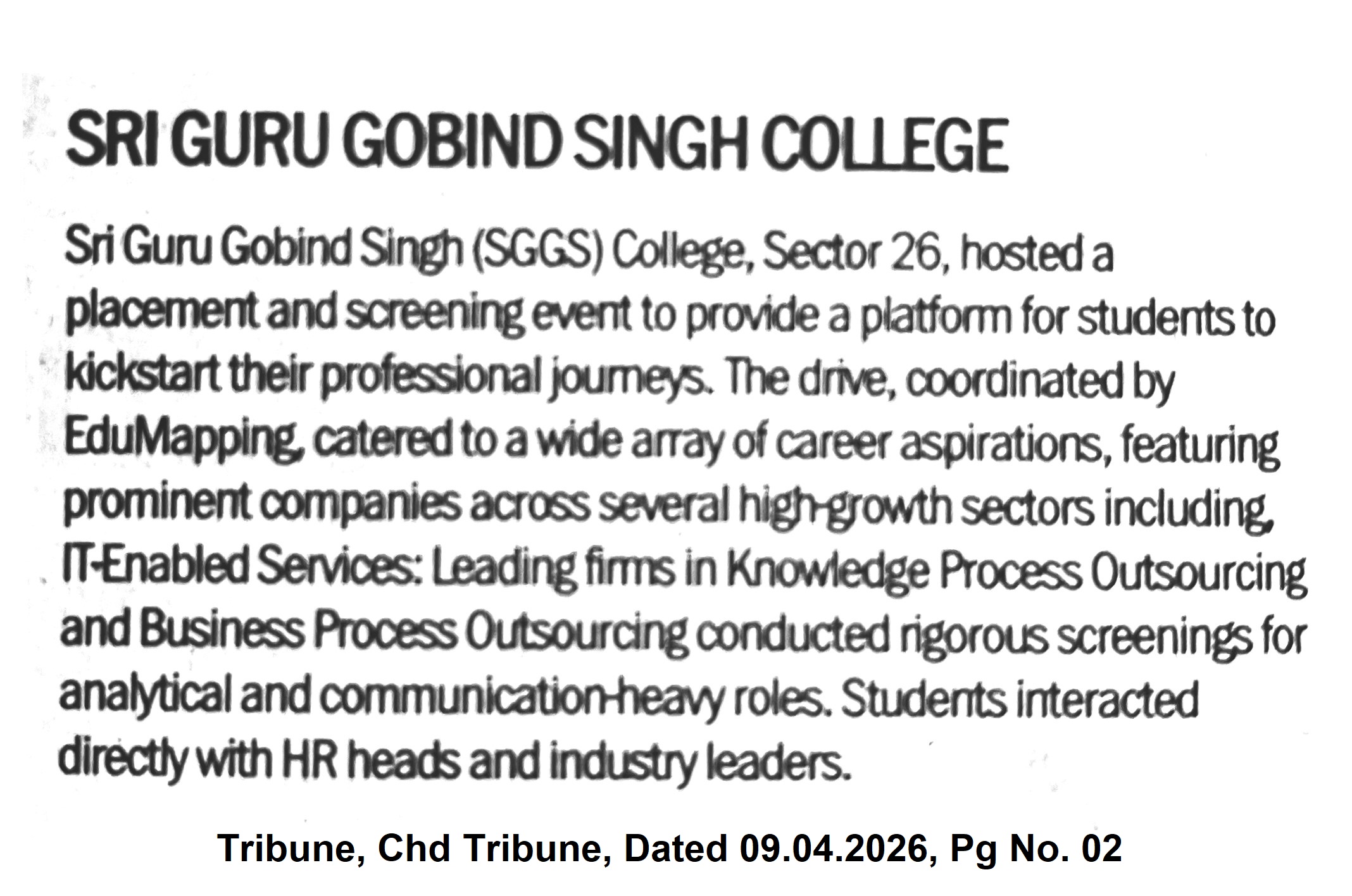 Newspaper clipping covering the April 2026 placement drive
